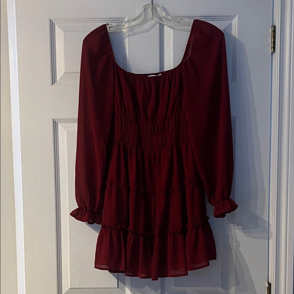 S Women's Long Sleeve Square Neck Burgundy Tiered Dress